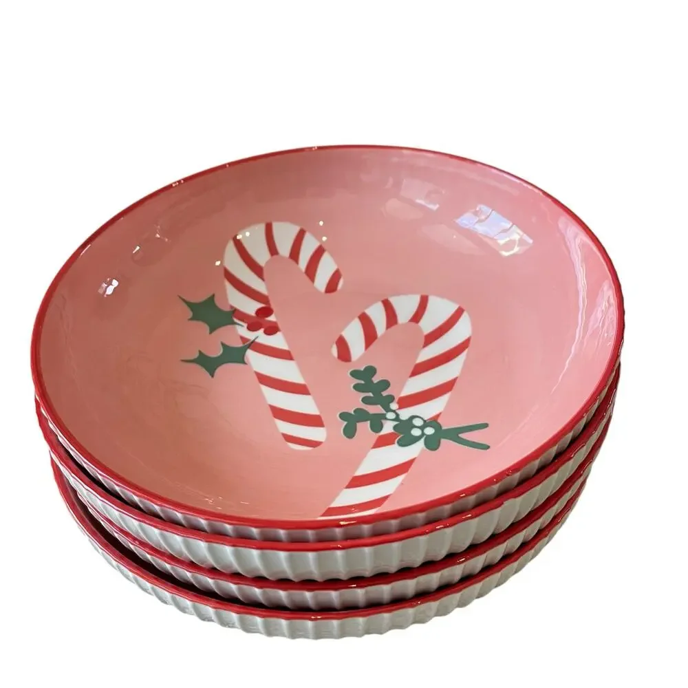 Christmas Candy Cane Dinner Bowl Set of 4 Ceramic Pink Red PrimaDesign Holiday